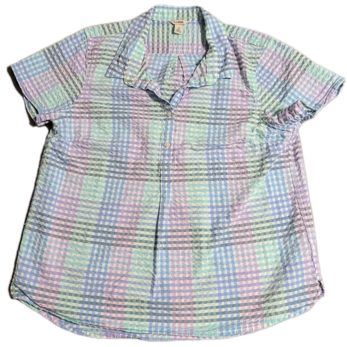 Ll Bean Vacationland Womens Medium Seersucker Plaid Popover Shirt Pastel Coastal
